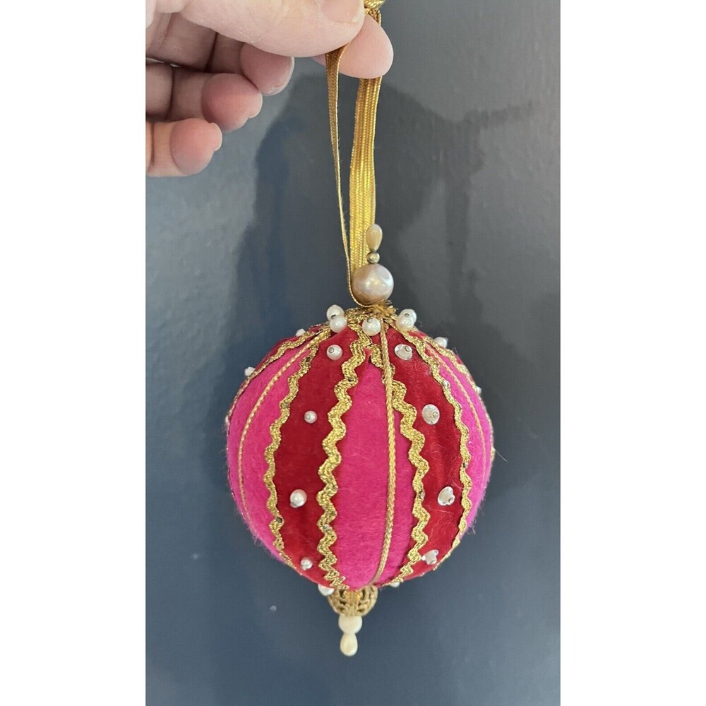 Vintage Victorian Christmas Ornament Handmade Red Flocked Ball With Pearl Beads